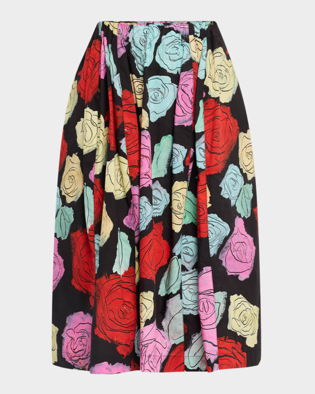 Rose Scribble-Print Paneled Pull-On Midi Skirt